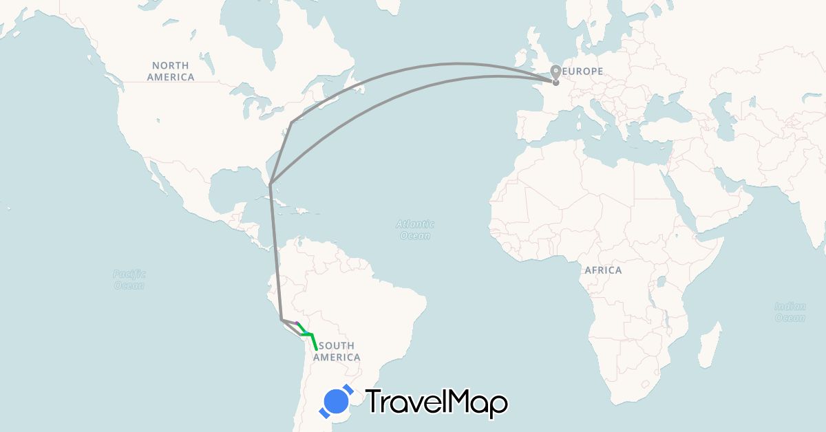 TravelMap itinerary: bus, plane, train, boat in Bolivia, France, Peru, United States (Europe, North America, South America)